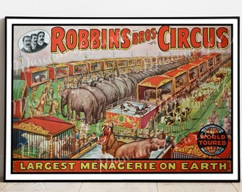Vintage Circus Poster: Robbins Bros Menagerie - Elephants & Hippos