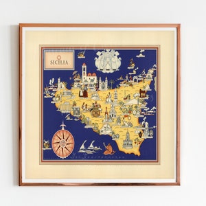 Digital, 1939, Picturale kaart van Sicilia, Sicilië, Italië, INSTANT DOWNLOAD, Drie formaten, afdrukbaar