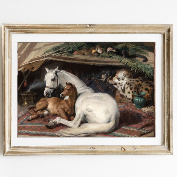 Digital, 1865, 'The Arab Tent', Cheval et poulain, singes et chiens, Sir Edwin Henry Landseer, TÉLÉCHARGEMENT INSTANTANÉ, Imprimé animalier