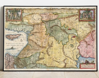 May include: An antique map of the Black Sea region, printed in Dutch, with detailed borders and text in a variety of colors. The map shows the Black Sea, the Sea of Azov, and the surrounding land masses, including the Crimean Peninsula, the Caucasus Mountains, and the Anatolian Peninsula. The map is titled "De Beschrijvinghe vant Paysen, die in de Landen rondom de Zwarte Zee, en de Grote Zee, gelegen zijn, en de Provincien, die de Schotten en Engelsen, in de voorleden tijden, bewoond hebben."