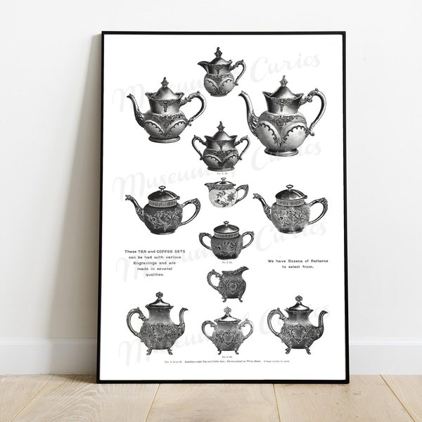 Digital, Edwardian Tea And Coffee Pots No 2, 1905 Australian Edwardian catalogue, INSTANT DOWNLOAD, Kitchen Print, Silver, porcelain