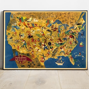 Digitaal, William Cropper's Amerika Het is Folklore, INSTANT DOWNLOAD, Vintage Kaart, Amerika Kaart, Afdrukbare Kunst, Wall Decor, Jesse James