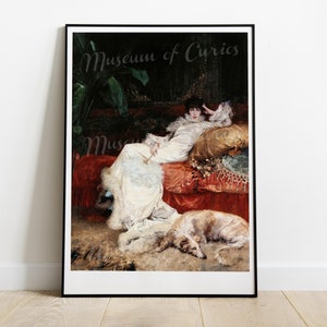 May include: A painting of a woman in a white dress reclining on a red couch with a dog at her feet. The woman is holding a fan and has a relaxed expression on her face. The painting is set in a luxurious interior with rich fabrics and ornate details.