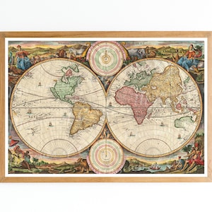Digital, 1730, Daniel Stoopendaal, druckbare Karte der Welt in zwei Hemisphären, sofortiger Download, digitale Wandkarte, doppelte Hemisphäre