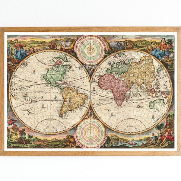 1730 World Map Print: Daniel Stoopendaal Double Hemisphere (Digital Download)
