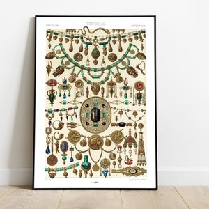 May include: A vintage illustration of Etruscan jewelry, featuring a variety of necklaces, earrings, bracelets, and pendants. The jewelry is made of gold and decorated with gemstones, including emeralds, rubies, and sapphires.