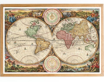 1730 World Map Print: Daniel Stoopendaal Double Hemisphere (Digital Download)