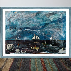 Digital, Abstract, Naive Folk Art, Seascape, Nautical, Maritime painting, Fishermen, INSTANT DOWNLOAD, Marblehead, Massachusetts