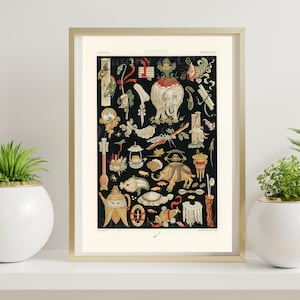 May include: A vintage illustration of Chinese objects and symbols. The image is on a black background and features a variety of items, including an elephant, a teapot, a fan, and a lantern. The title of the illustration is "CHINOIS" and is printed in a decorative font.