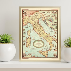 Digitaal, 1935, picturale kaart van Italië, INSTANT DOWNLOAD, Italiaanse verhaalkaart, reizen, toerisme, afdrukbare muurkunst