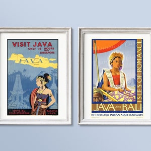 Digital, Zwei druckbare Vintage Reiseposter, SOFORT DOWNLOAD, Bali, Java, Indonesien, Isles of Romance, 1950er Jahre, druckbare Wandkunst