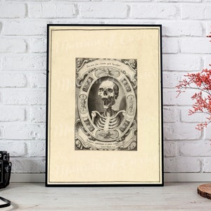 May include: A vintage black and white illustration of a skeleton with a skull, surrounded by a decorative frame. The text in the frame reads "Ich war fuer einen kurzen Zeit beschliffen".