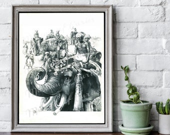 Digital, 1898, Elephant Drawing, Elephant Parade, Printable Vintage Poster, Wall Decor, Indian Elephants, INSTANT DOWNLOAD