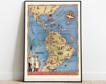 Pan American Airways Travel Poster: 1937 Flying Clipper Ships Map (Digital Download)