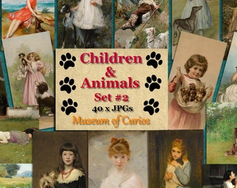 Digital, Children & Animals Set #2, Digital Ephemera Collage Sheets, 40 JPG images, 20 Pages, 300dpi, INSTANT DOWNLOAD, printable