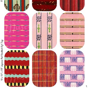 May include: Nine different Japanese woodblock print designs on red, pink, and white backgrounds. The designs include geometric patterns, stripes, and floral motifs. The text "13 x 2.3" x 3.5" Japanese Red Woodblock Gift Tags" and "Museum of Curios 2022" are visible in the image.