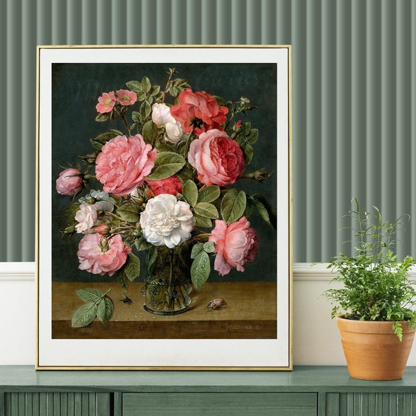 Digital, Roses In A Glass Vase, Jacob Van Hulsdonck, c1640, Flemish Painter, INSTANT DOWNLOAD, Still Life, Valentines, Mother's Day