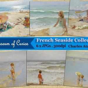 Digital, principios de 1900, French Seaside Collection, Niños jugando en una playa, acuarelas francesas, Charles Atamian, DESCARGA INSTANTÁNEA