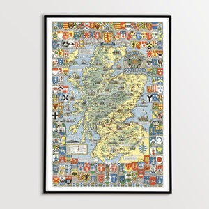 Digitale, Historische Bildkarte von Schottland, Arms of The Scottish Family & Chiefs, SOFORT DOWNLOAD, Edinburgh, Glasgow