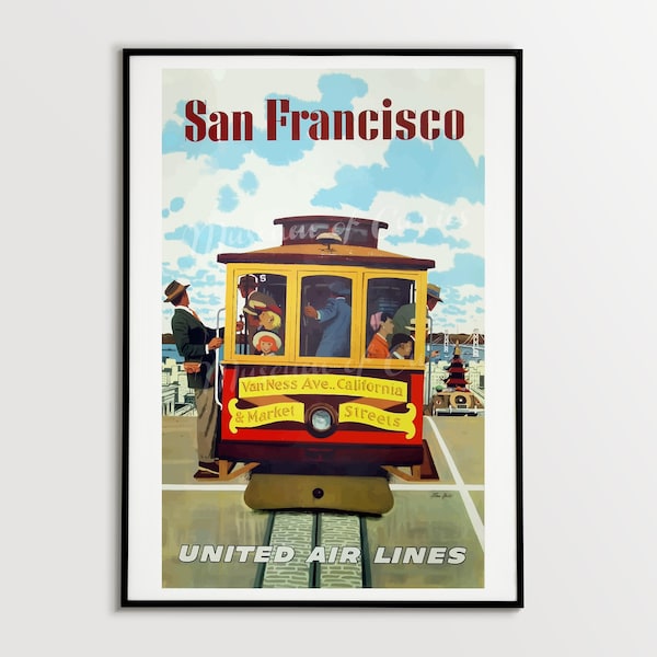 Digital, San Francisco, United Air Lines, Van Ness Avenue, California & Market Streets, Vintage Airline Travel Poster, INSTANT DOWNLOAD