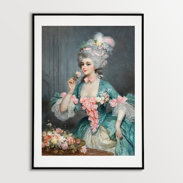 Digital, Elegant lady with roses, blue gown, Italian art, INSTANT DOWNLOAD, 18th century, Marie Antoinette era, French Revolution