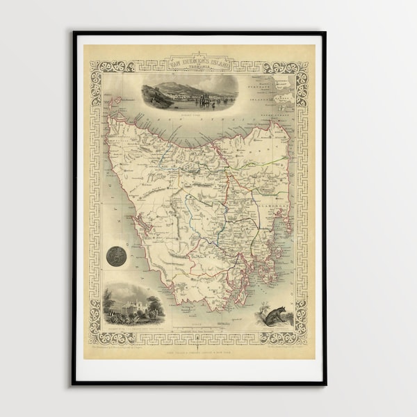 Digital, 1851, Van Dieman's Island, Tasmania Map, The Illustrated Atlas, INSTANT DOWNLOAD, Australia, printable home decor
