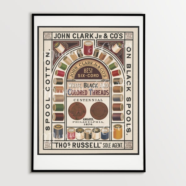 Digital, algodón roscado, cromolitografía del siglo 19, anuncio de algodón de carrete de Clark, 1876, DESCARGAR, cartel de artesanía, sala de artesanía