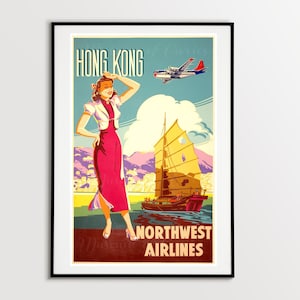 Digital, 1950s, Airlines, Aviation art, Hong Kong, mid century travel poster, INSTANT DOWNLOAD