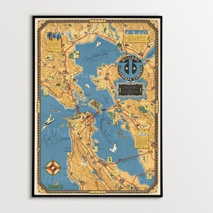 Digital, 1939, Vogelauge Ansicht von Buchten und Brücken, San Francisco, Golden Gate Bridge, SOFORT DOWNLOAD, bildliche Karte