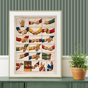 May include: A vintage illustration of the "Dumb Language" or the art of talking with the fingers. The image shows a series of hand gestures representing letters of the alphabet, with each hand gesture depicted in a different color.