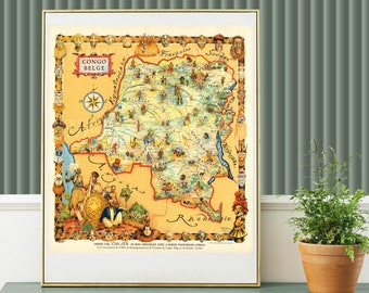Belgian Congo Pictorial Map: Vintage Africa Fauna & Flora (Digital Download)