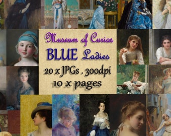 BLUE LADIES, Digital, Printable Collage, Ephemera Sheets, 20 Paintings, 10 Pages, 300dpi, Instant DOWNLOAD, Women in blue