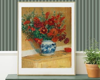 French Floral Still Life Print: Bouquet in Blue Vase (Digital Download)