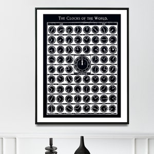 Może przedstawiać: Czarno-biały plakat z tytułem "The Clocks of the World." Plakat przedstawia siatkę zegarów pokazujących godzinę w różnych miastach na świecie. Zegar w środku pokazuje godzinę w Londynie.