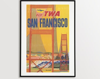 Digital, San Francisco Fly TWA, Viagem Retro, Cartaz de Turismo, DOWNLOAD INSTANTÂNEO, Quatro Tamanhos