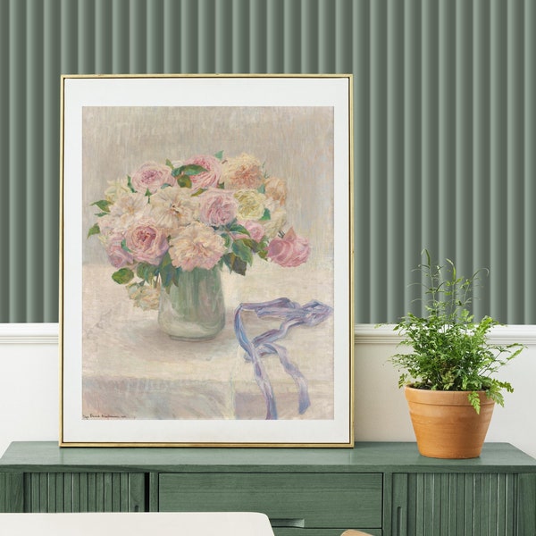 Digital, 1910, Pale Roses (Blasse Rosen), INSTANT DOWNLOAD, Floral Still Life, Vase of Flowers, Farmhouse print, Valentines, Mother's Day