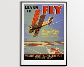 Digital, 1930 'Learn To Fly Curtiss-Wright Flying Service, World's Oldest Flying Organisation', INSTANT DOWNLOAD, Aviation Poster