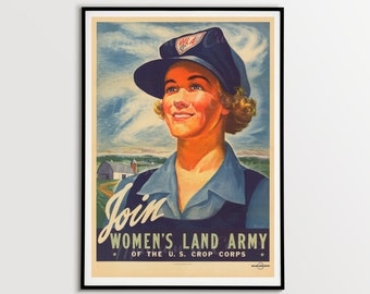 Digital, 1943, Join The Women's Land Army of U.S. Crop Corps, War Food Administration, WW2 Information Poster, INSTANT DOWNLOAD, Four Sizes