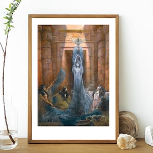 May include: A painting depicting a group of women in a temple setting. The central figure is a woman in a white robe with a crown, surrounded by other women in colorful robes. The painting is set against a backdrop of stone pillars and a golden sky.