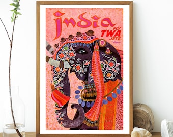 Digital, Mid century India Fly TWA Jets, Vintage, Retro Travel Airlines Poster, INSTANT DOWNLOAD