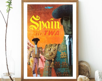 Digital, 1950s, España Fly TWA, Vintage, Retro Travel Airlines Poster, DESCARGA INSTANTÁNEA, mediados de siglo