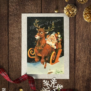 Digitale Weihnachtskarte, Weihnachtsmann, Schlitten, Rudolph Reindeer, DIGITAL DOWNLOAD, Retro Weihnachten, Vintage Weihnachtskarte, Grüße, Pferdewagen