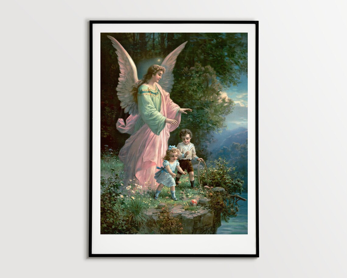 Digital 1914 Guardian Angel Overlooking Two Children INSTANT image 1