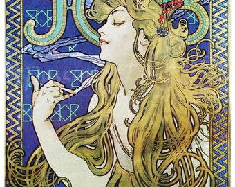 art nouveau job cigarettes Digital, Alphonse Mucha, JOB Cigarettes Rolling Paper Company, Art Nouveau  Lithograph, INSTANT DOWNLOAD