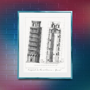Puede incluir: Una ilustración en blanco y negro de la Torre Inclinada de Pisa en Italia. La ilustración muestra la torre desde dos ángulos diferentes, uno mostrando el exterior y el otro mostrando el interior. El texto debajo de la ilustración dice "Campanile di Pisa in sezione e spaccato."