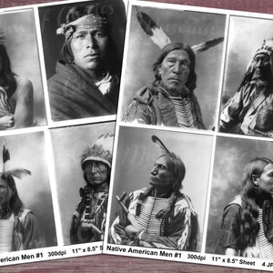 May include: A set of eight black and white photographs of Native American men in traditional clothing. The photos are printed on a sheet of paper and measure 28 cm by 21.5 cm. Each photo is 300 dpi.