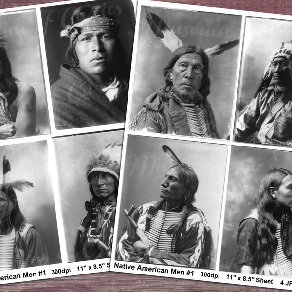 Digital, 1890s, Native American Men #1 Collage Sheet, 8 B&W Historical Photos, Chiefs, INSTANT DOWNLOAD, Printable collage sheet