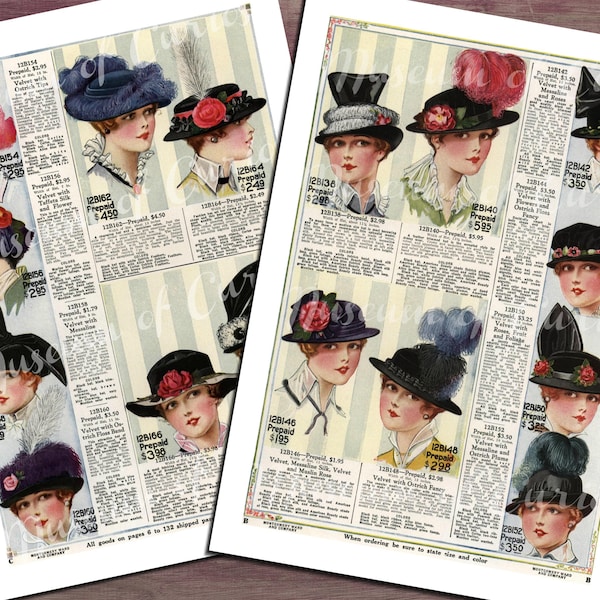 Digital, 1916, Edwardian Catalogue pages, Women's Hats, INSTANT DOWNLOAD, Women's fashions, Printable Collage Sheets, velvet hats