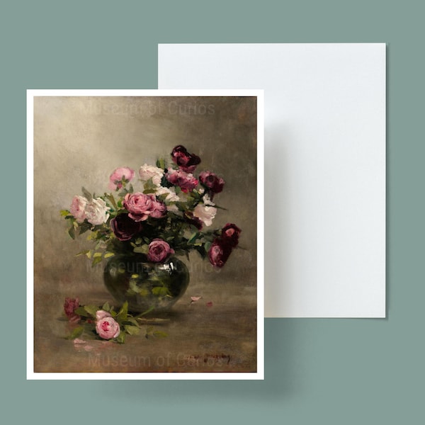 Digital, 1870s, Vase of Roses, CARD, INSTANT DOWNLOAD, French artist, Eve Gonzales, Valentines, Mother's Day card