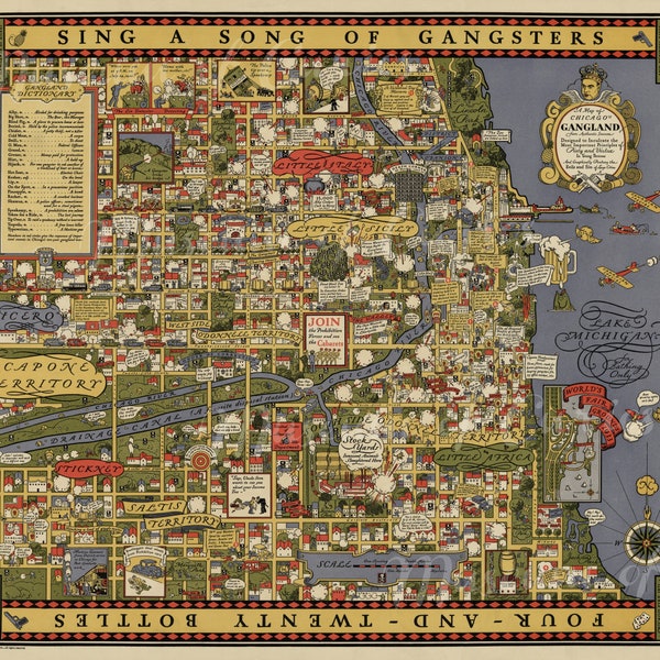 Digital, 1931, A Map of Chicago Gangland, Al Capone, gangsters, Prohibition era, pictorial map, INSTANT DOWNLOAD, Five Sizes